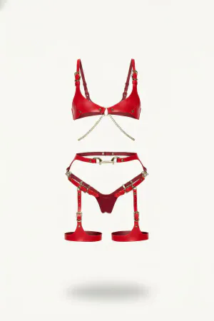 Red Vegan Leather Harness Bra and Garter Set with Chains