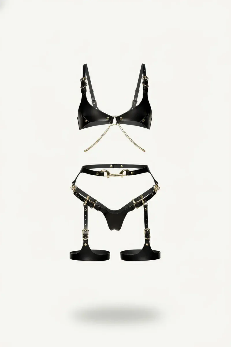 Black Faux Leather Bra Harness and Garter Set with Gold Chain Details