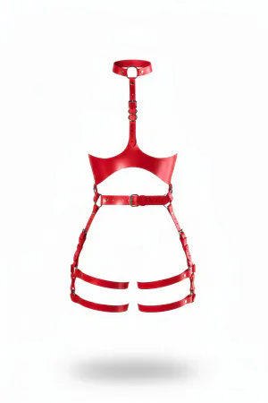 Red Faux Leather Cage Body Harness Women Adjustable Straps Choker
