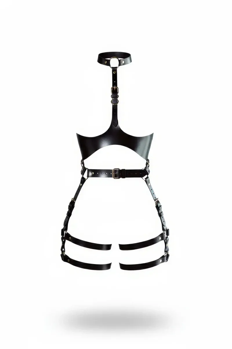 Black Faux Leather Halter Neck Underbust Harness with Thigh Garters