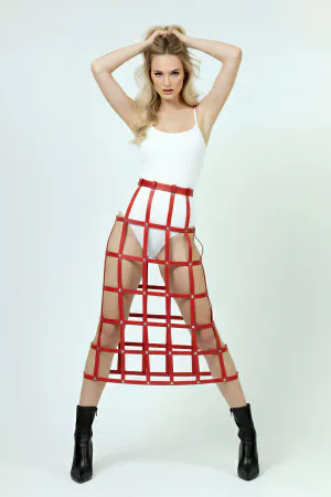 Red Faux Leather Cage Skirt Harness Grid Pattern Front View