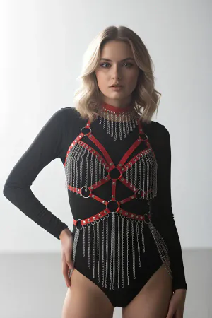 Red faux leather body harness with cascading silver chains and O-rings.