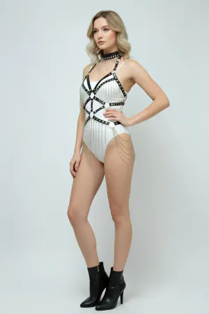Black faux leather studded body harness with draped chains