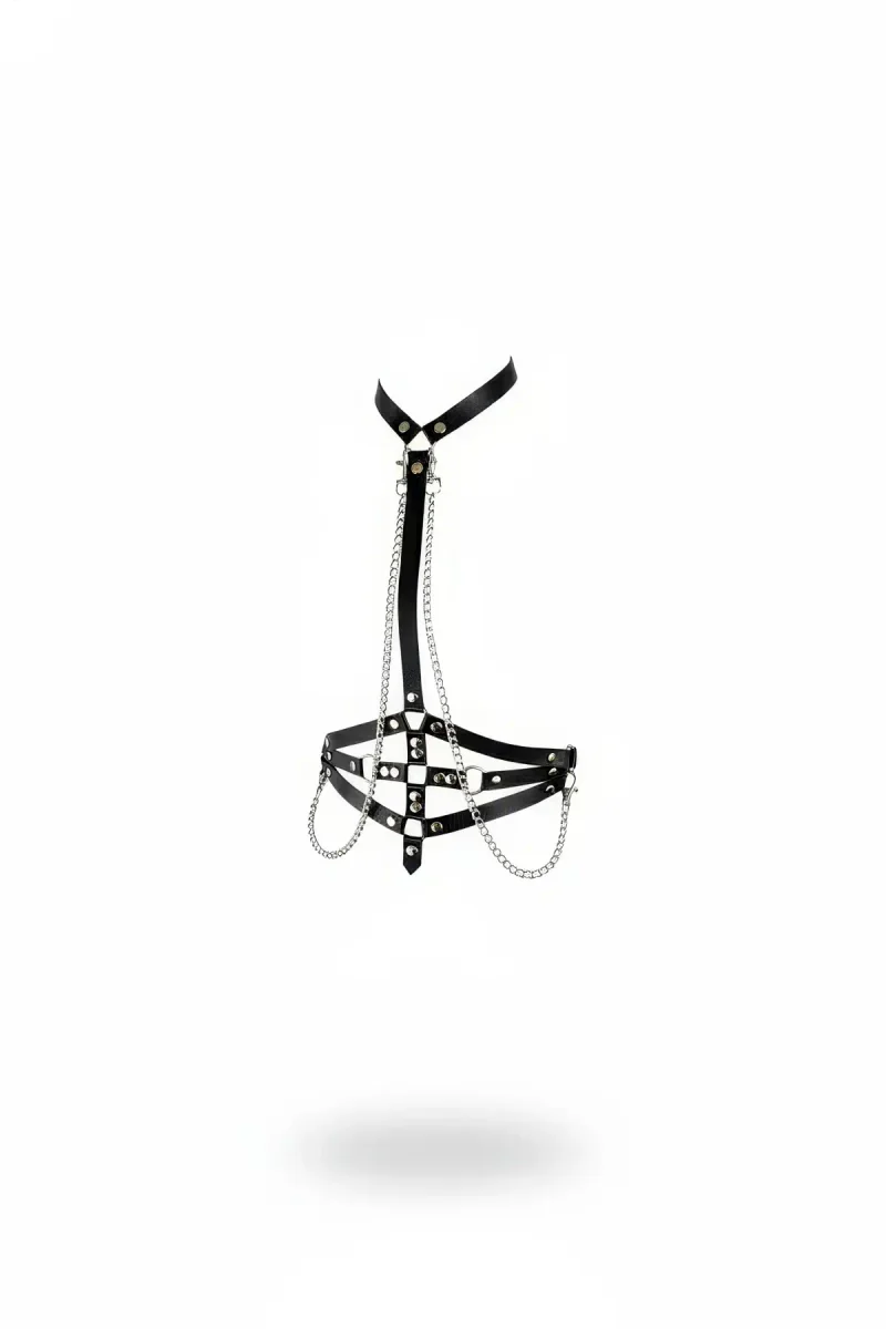 Black Faux Leather Body Harness with Caged Design, Silver O-Rings, Studs, and Draped Chains for Women