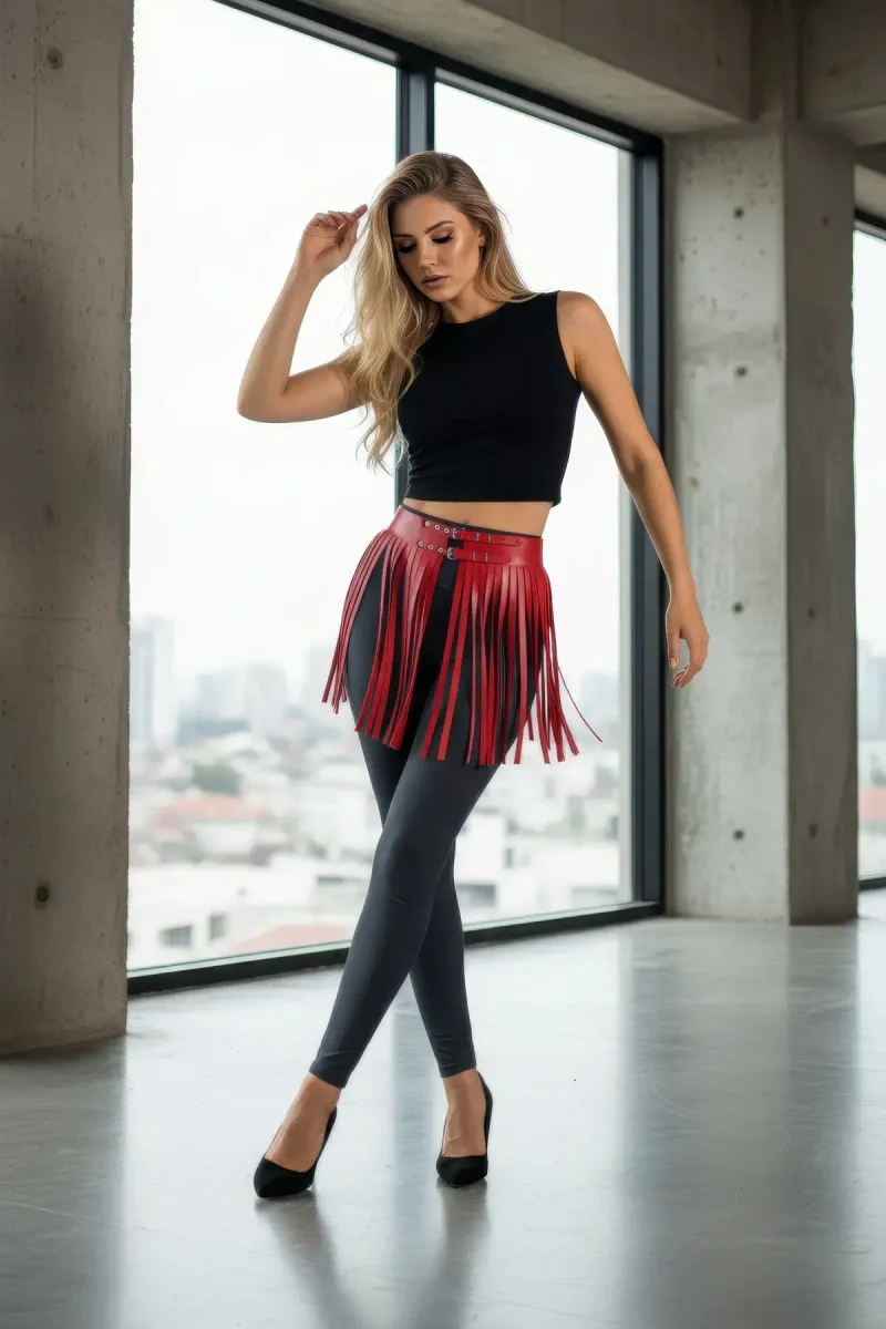 Kırmızı suni deri kısa etek modeli, bel kısmında metal toka ve bol hareketli püsküller ile kombinlenmiş