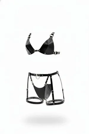 Black Geometric Faux Leather Bra Top and Garter Harness Set