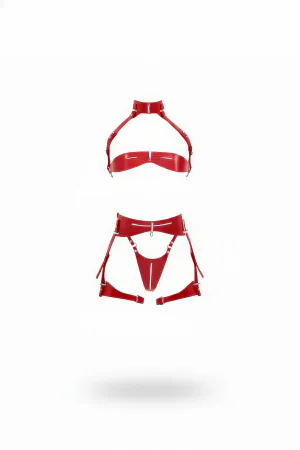 Red Faux Leather Halter Harness Bra Garter Lingerie Set Front View