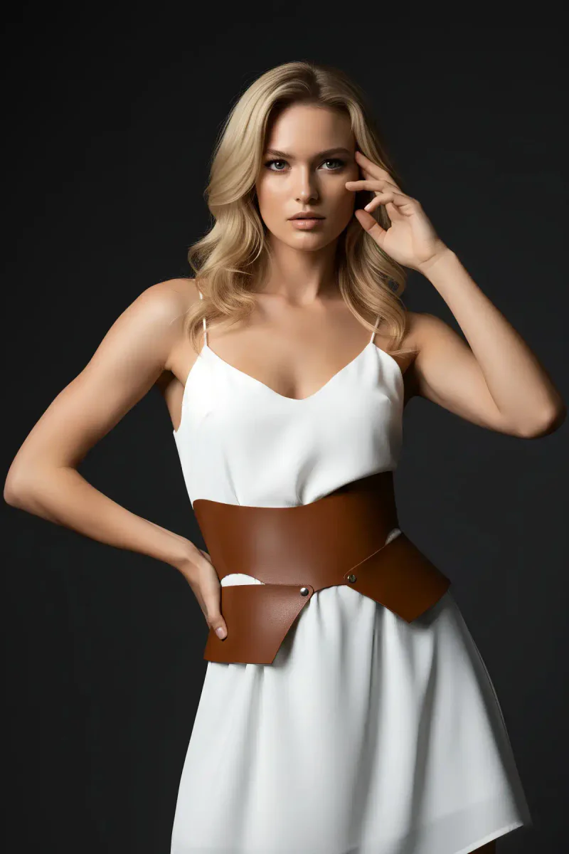 Tan Vegan Leather Asymmetrical Waist Harness Belt Sculpted Panels