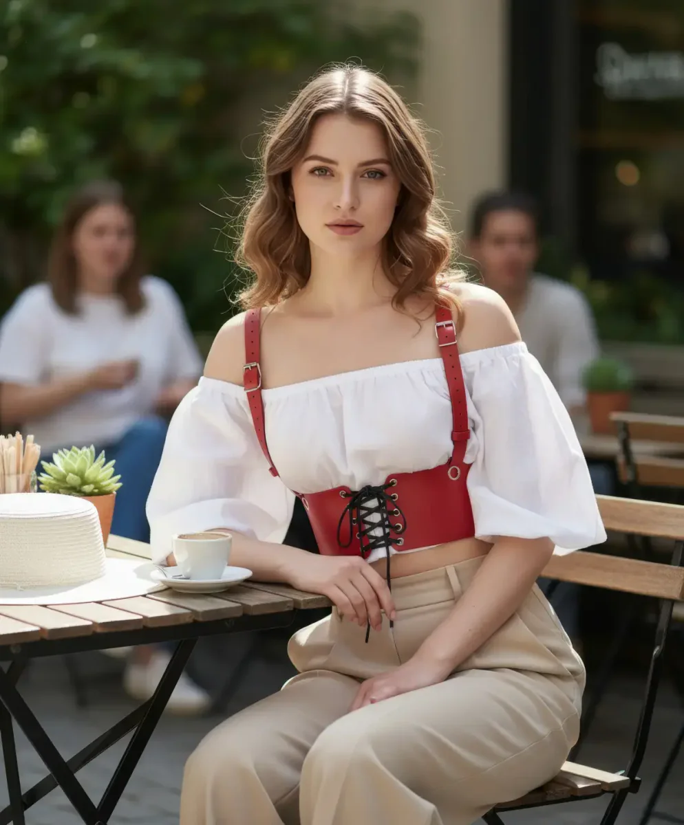 Kırmızı korse bel aksesuarı ön bağcık detayıyla