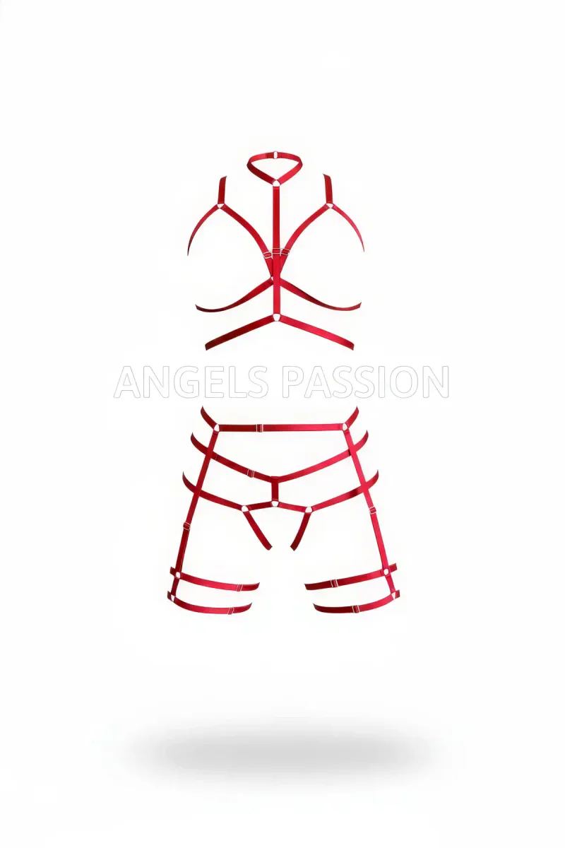 Red Vegan Leather Full Body Harness Set High Neck O-Ring Straps