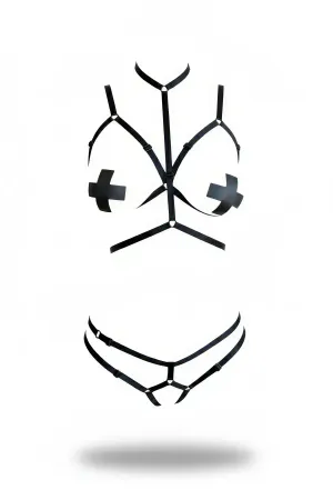 Black Faux Leather High Neck Body Harness & Thong Set