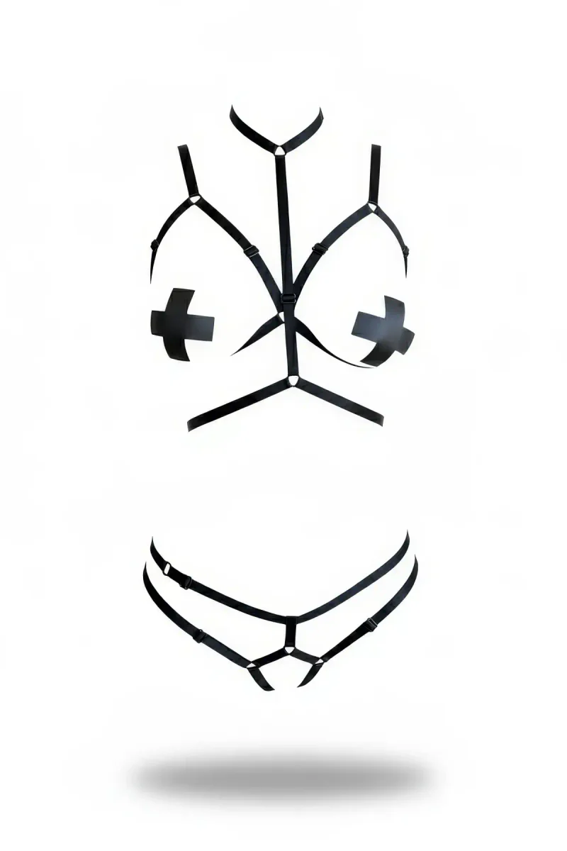 Black Faux Leather High Neck Body Harness & Thong Set
