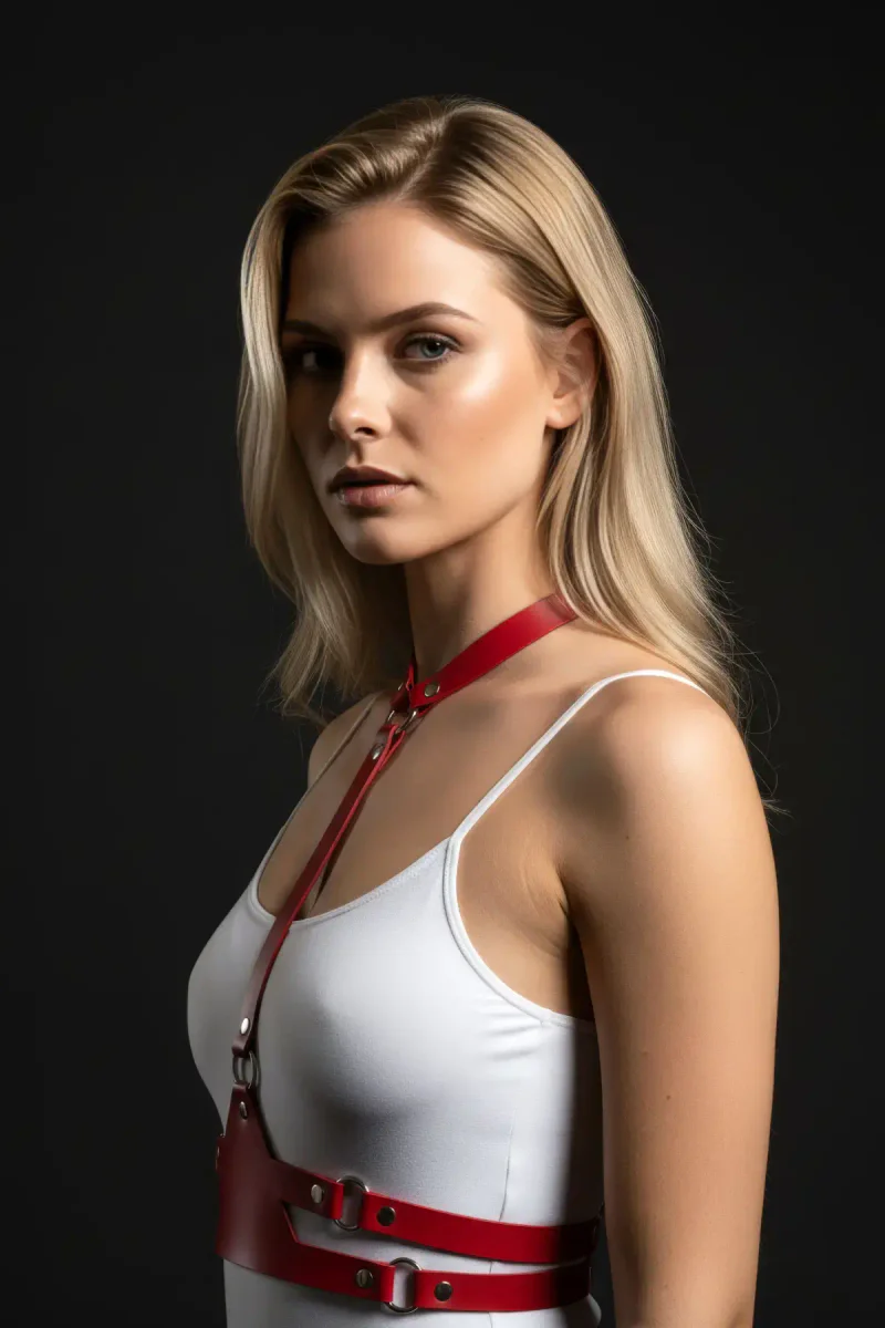 Red faux leather chest harness with choker and buckle accents