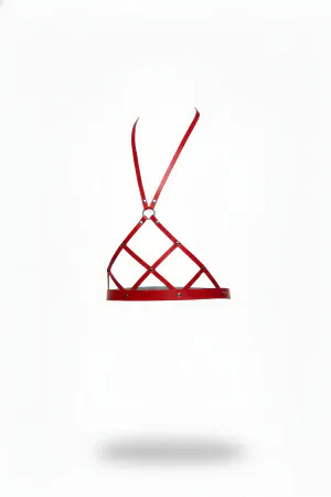 Red Caged Faux Leather Harness Bra O-Ring Detail