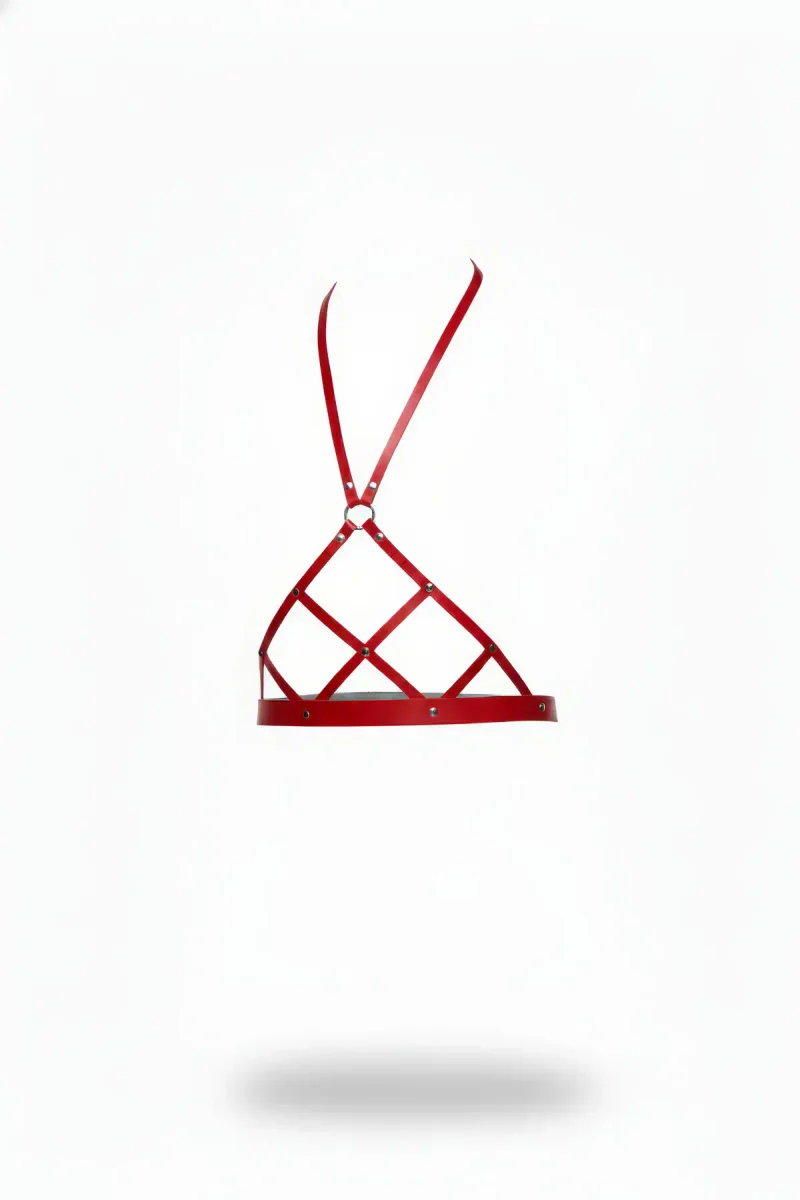 Red Caged Faux Leather Harness Bra O-Ring Detail