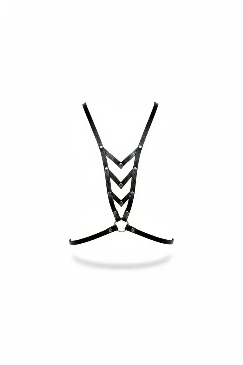 Black Faux Leather Chest Harness with Studded Chevron Design and Silver O-Ring Detail for Women