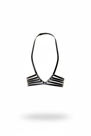 Black faux leather multi-strap halter harness bra with stud details, adjustable neck strap.
