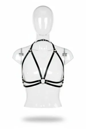 Black Faux Leather Halter Neck Chest Harness O-Ring Lingerie