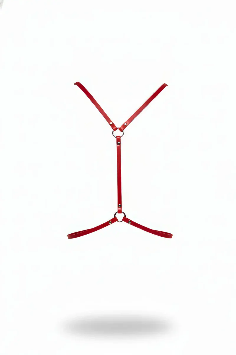 Red Faux Leather Body Harness Dual Silver O-Rings Adjustable Straps