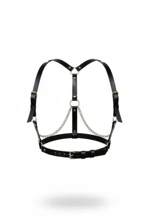 Black Faux Leather Chest Harness with Silver Chain Detail and Adjustable Straps
