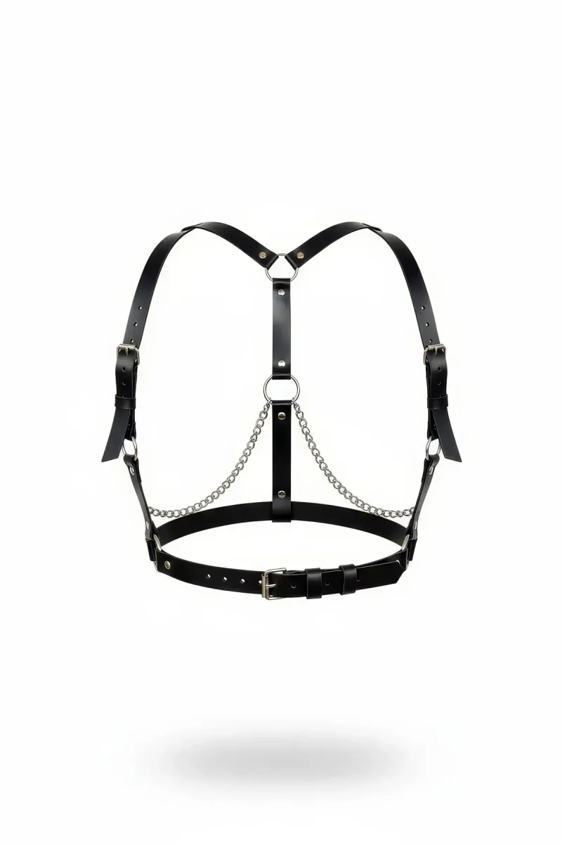 Black Faux Leather Chest Harness with Silver Chain Detail and Adjustable Straps
