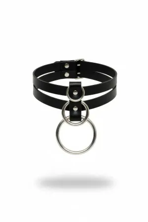 Black Faux Leather Choker Double Band Large Silver O-Ring