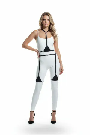 Black Faux Leather Minimalist Body Harness with Thigh Straps on model