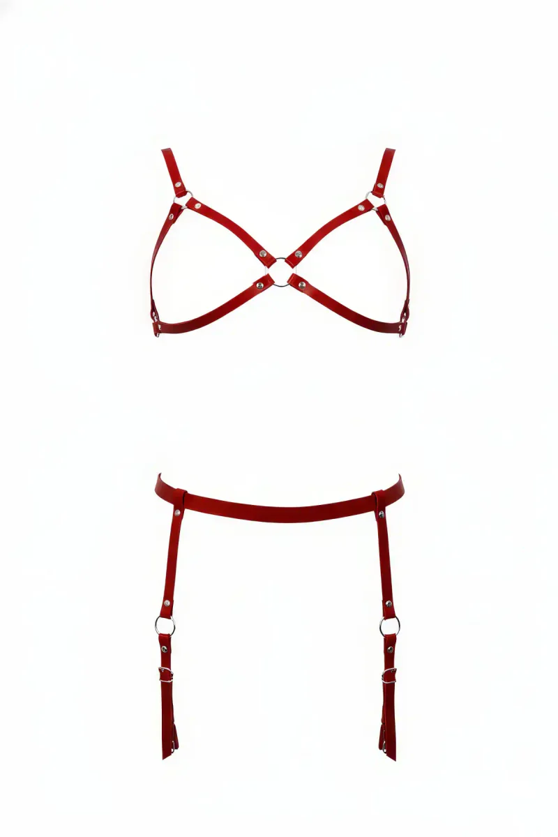 Red Vegan Leather Harness Bra and Garter Set with O-Ring