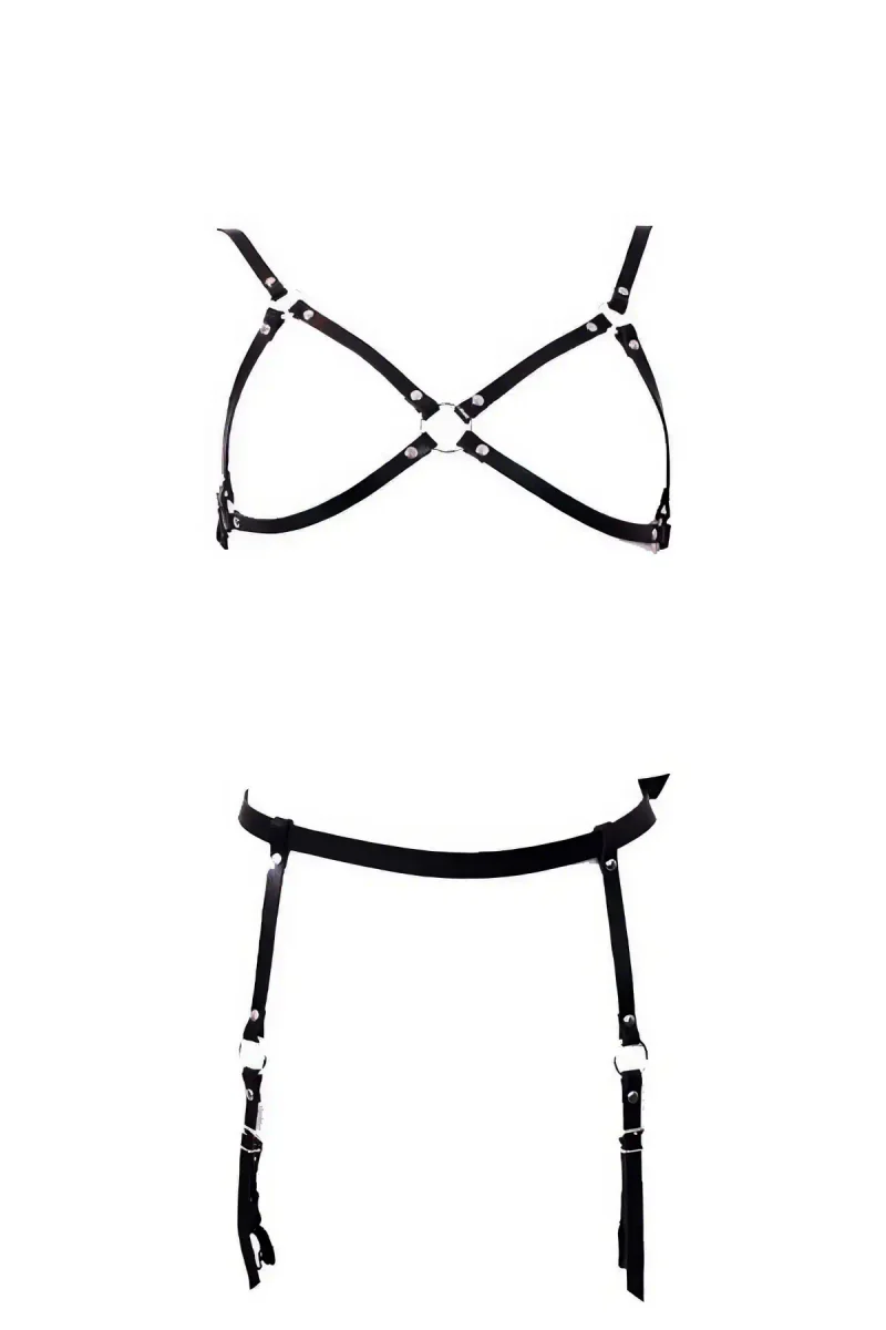 Black Faux Leather Harness Bra and Garter Belt Set with O-Rings