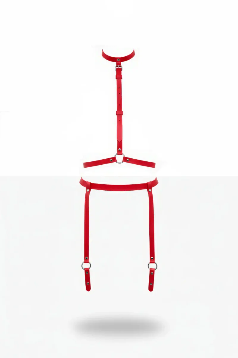 Red Faux Leather Body Harness with O-Rings and Adjustable Garter Straps