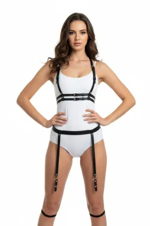 Black Faux Leather Full Body Harness with Chest Straps and Thigh Straps