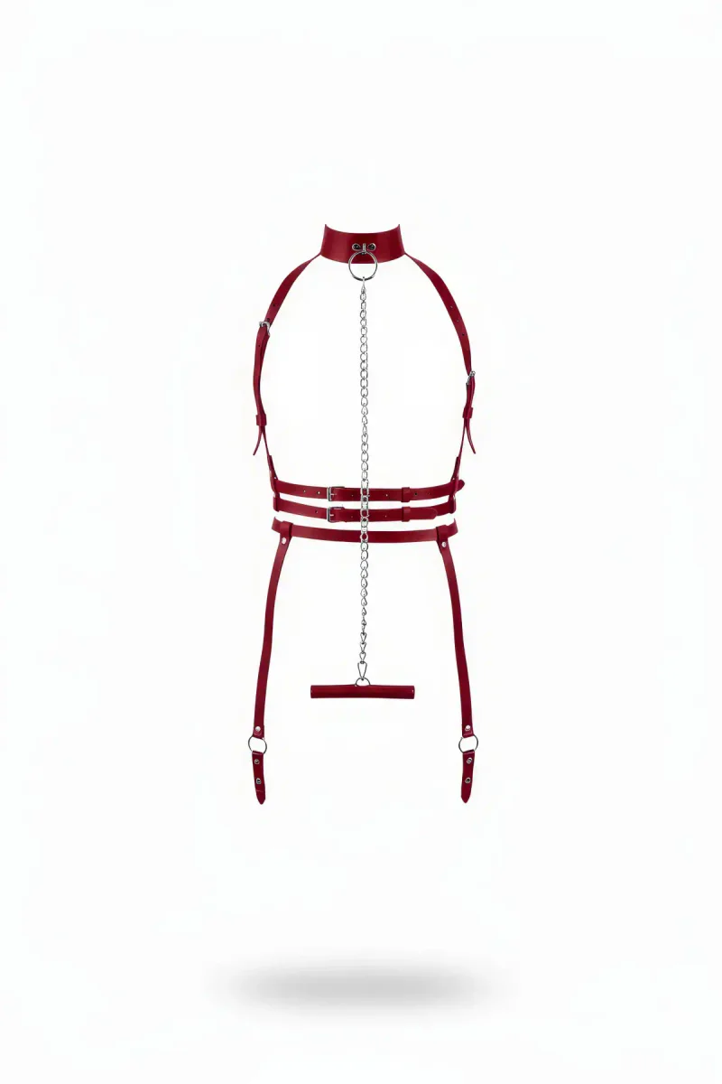 Claret Vegan Leather Body Harness with Silver Chain & Choker