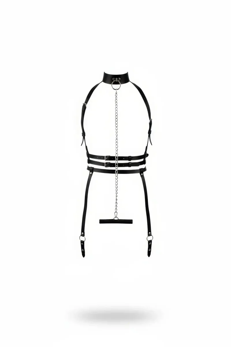 Black Faux Leather Full Body Harness with Neck Collar and Silver Chain Detail