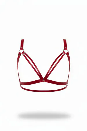 Kırmızı Suni Deri Göğüs Harness Kadın Metal Halka Detaylı Çapraz Bantlı