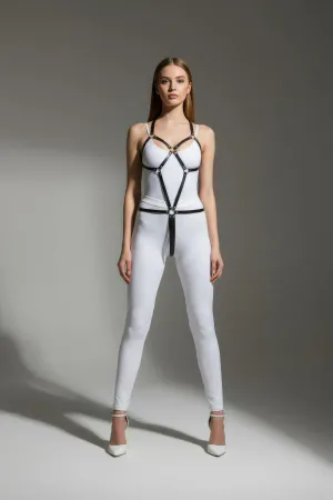 Black Faux Leather Full Body Harness with O-Ring Accents