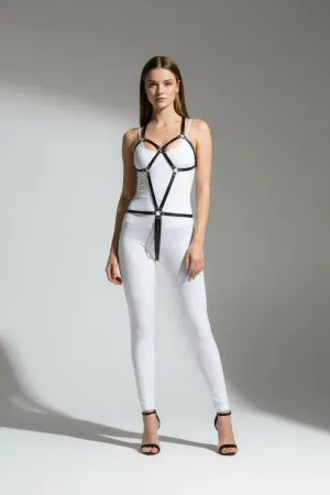 Black Faux Leather Full Body Harness with O-Ring Accents
