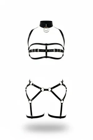 Siyah Faux Leather Harness Takım O Halka Detaylı Tokalı