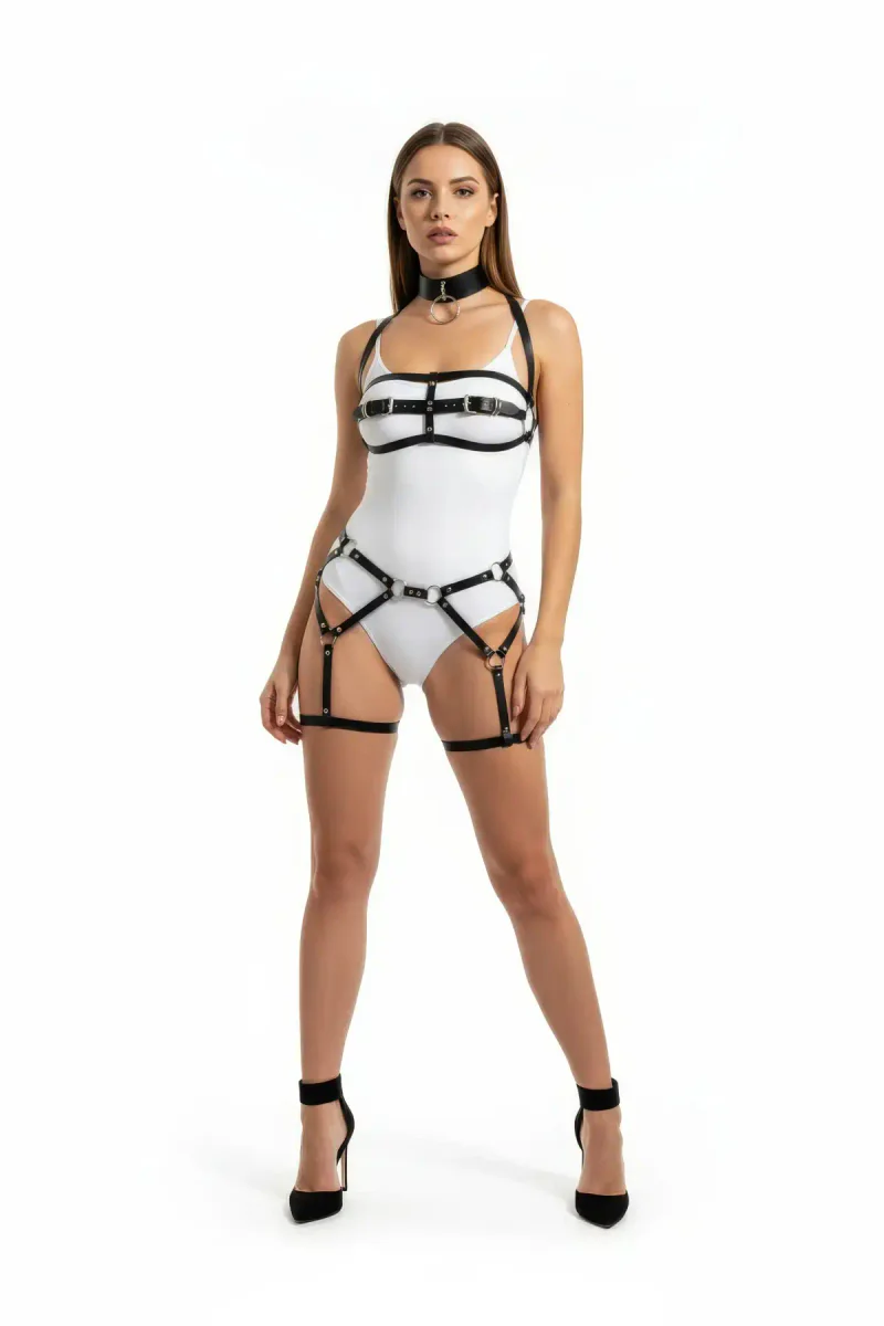 Black Faux Leather Full Body Harness Women Adjustable Straps O-Rings