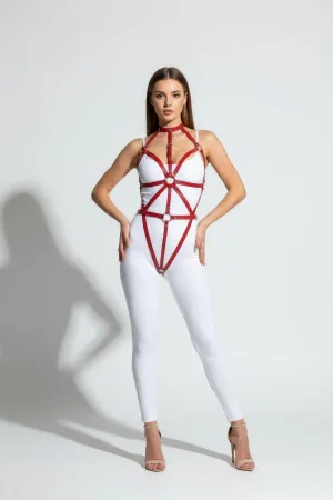Red Faux Leather Full Body Harness with O-Ring Detail