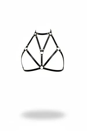 Black Faux Leather Halter Harness Bra with Silver O-Rings