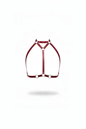 Burgundy Faux Leather High Collar Chest Harness with O-Ring Accents
