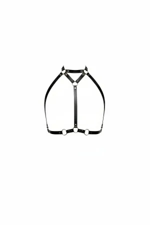 Siyah Faux Leather Göğüs Harness Yüksek Yaka Metal Halka Detaylı