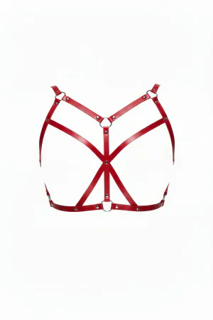 Red Faux Leather Chest Harness V-Neck O-Ring Details