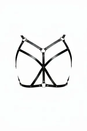 Black Faux Leather Chest Harness Strappy Details Silver O-Rings