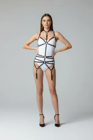 Black Faux Leather Full Body Harness with Detachable Garters and O-rings