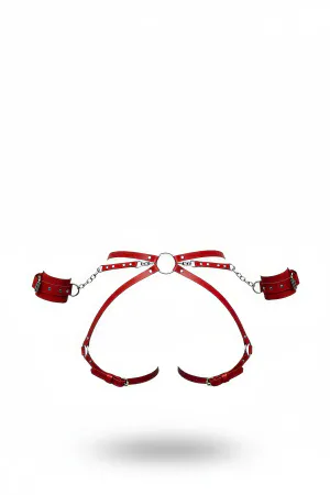Red Faux Leather Body Harness with Detachable Chain Cuffs, Front View