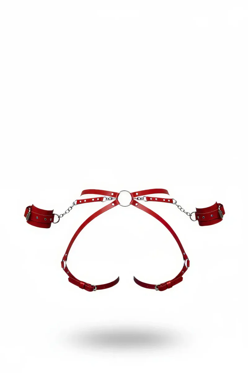 Kırmızı Faux Leather Zincirli Kelepçeli Harness Takım Kadınlar İçin