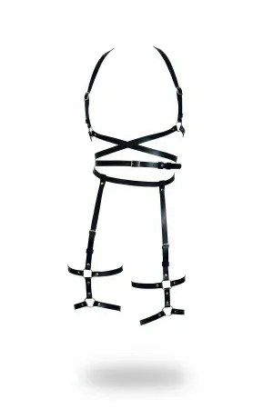 Siyah Faux Leather Full Body Harness Kadın Jartiyer Takımı Geniş Tasmalar