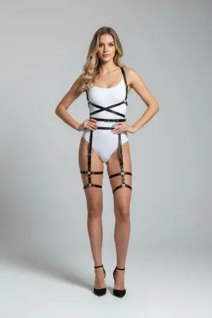Black Faux Leather Full Body Harness Set with Adjustable Garter Straps