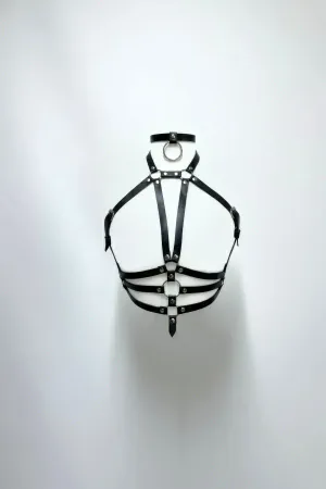 Black Vegan Leather Cage Body Harness Women Adjustable O-Ring Choker
